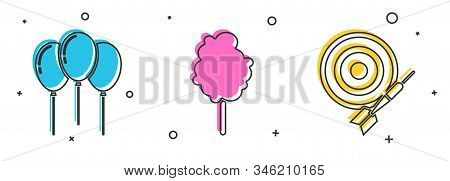 Set Balloons With Ribbon, Cotton Candy And Classic Dart Board And Arrow Icon. Vector