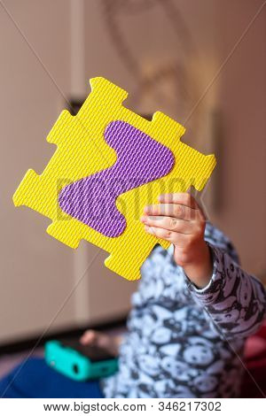 Little Boy Collects The Puzzle Sitting On Floor. Big Abc Squishy Foam Puzzle. Learning Alphabet With