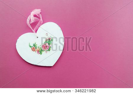 Wooden Heart Decorated In Decoupage Technique Provencal Style On A Pink Background