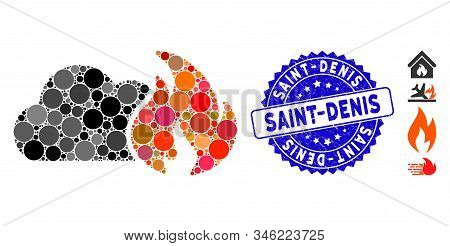 Mosaic Wild Fire Icon And Distressed Stamp Watermark With Saint-denis Phrase. Mosaic Vector Is Desig