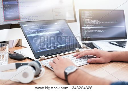 Developing Programming And Coding Technologies. Website Design. Programmer Working In A Software Dev