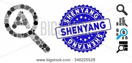 Mosaic Zoom Auto Scale Icon And Distressed Stamp Watermark With Shenyang Phrase. Mosaic Vector Is Fo