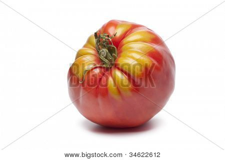 Singolo pomodoro Coeur de Boeuf su sfondo bianco