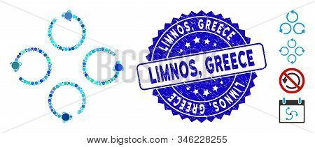 Mosaic Rotation Icon And Distressed Stamp Seal With Limnos, Greece Caption. Mosaic Vector Is Formed 