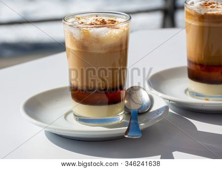 Special Coffee Of Canary Islands, Sweet Barraquito Coffee With Layers And Alcohol Served In Glass