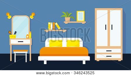 Cozy Bedroom Interior With Furniture. Vector Illustration.