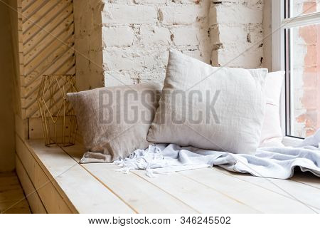 Cozy Still Life, Warm Woolen Knitting Decoration On Windowsill Against Brick Wall And Window.boho St