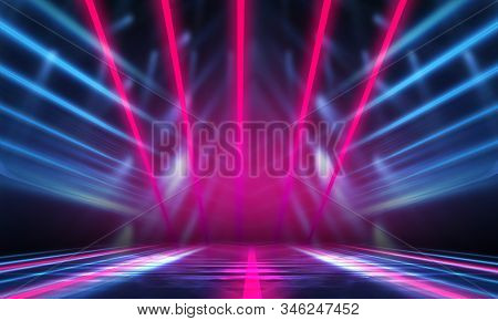 Dark Abstract Futuristic Background. Neon Lines Glow. Neon Lines, Shapes. Multi-colored Glow, Blurry