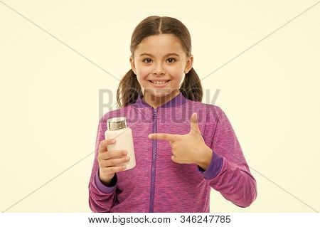 Add Vitamin To Your Ration. Food Additives Complex. Healthy Sporty Kid Vitamin Jar. Little Girl Happ