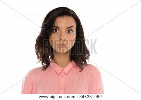 Portrait Of A Young Woman Of 30-35 Years Of Model Appearance, Perhaps She Works As A Manager, Seller
