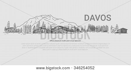 Davos, Panorama On Background Mountain, Cartoon. Ski Resort In Switzerland. City For Various Competi