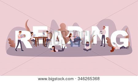 Reading Time Word Concept Banner. Couple Enjoying Novel In Cafe Cartoon Characters. Intellectual Peo