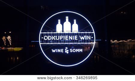 Warsaw, Poland. 21 January 2020. Sign Wine Somm. Company Signboard Wine Somm.