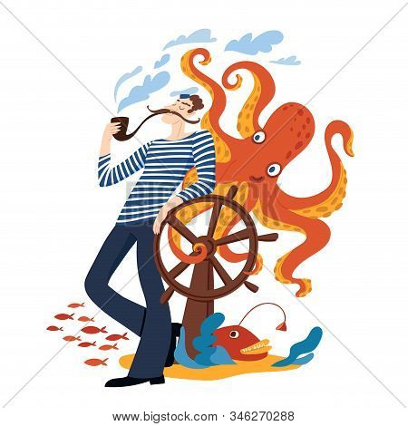 Cartoon Sailor Character With Funny Octopus For