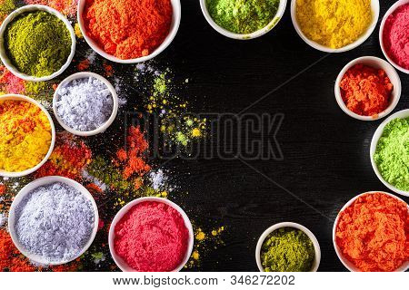 Holi Festival Celebration. Traditional Indian Holi Colours Powder Decoration With Paints. Top View O