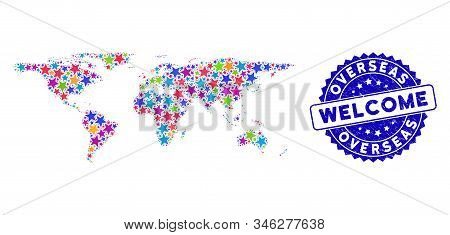 Color Overseas Map Collage Of Stars, And Distress Rounded Blue Welcome Stamp Seal. Abstract Territor