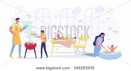 Family On Weekend Preparing Barbecue And Chatting. Mom Plays With Her Daughter, Who Frolics In Infla