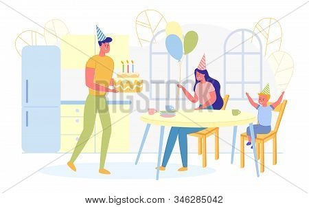Happy Parents Giving Birthday Cake To Son Flat Cartoon Vector Illustration. Mother And Father With B