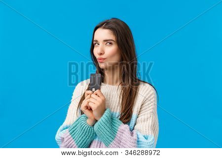 Thoughtful And Sly Attractive Girl Stole Dads Credit Card And Thinking How Waste Money, Imaging Some