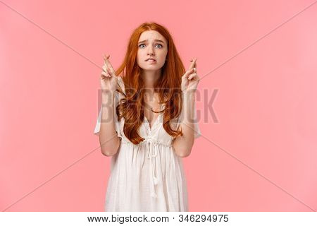 Nervous Cute Teenage Redhead Girl Praying Someting Good Happen, Wish Enter Cool Unversity, Waiting E