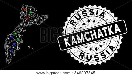 Bright Mesh Kamchatka Map With Glow Effect, And Rubber Print. Wire Frame Polygonal Kamchatka Map Net