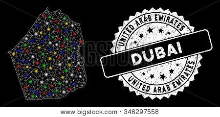 Bright Mesh Dubai Emirate Map With Glare Effect, And Seal Stamp. Wire Carcass Triangular Dubai Emira