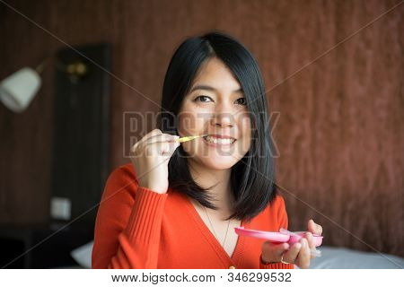 Asian Woman Hands Using Small Toothbrush,orthodontic,oral Mouth Hygiene Routine Concept