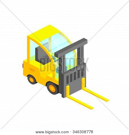 Isometric Forklift Truck. Hydraulic Machinery Vector Illustration. 3d Yellow Fork Loader Isolated On