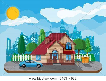 Suburban Family House. Countryside Wooden House Icon. Car, Road, Fence, Forest With Trees And Buildi