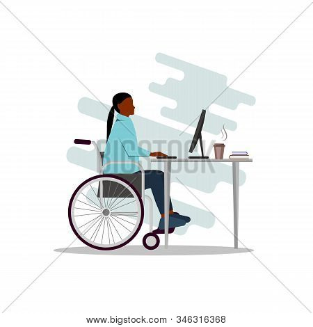 A young modern african american woman is sitting in a wheelchair and working at a computer. Business concept. Business people. Business background. A disabled person works in an office.