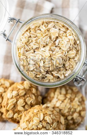 Cereal oatmeal in jar. Top view.