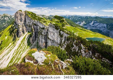 Augstsee Lake And Greimuth Peak (1871 M) Seen From Hochanger, Near Altausseer, Alps, Austria