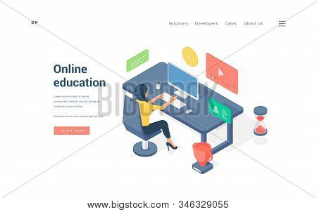 Woman Studying Online At Table Isometric Vector Illustration