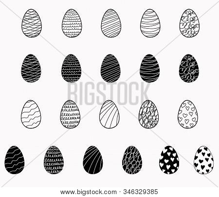 Easter Eggs Set. Simple Outline Doodle And Silhouette Elements With Pattern For The Festive Decorati