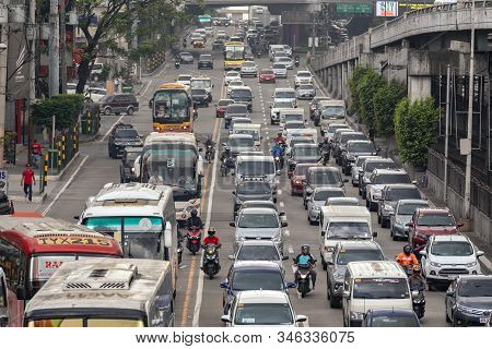 Manila, Philippines - January, 20, 2020: Heavy Traffic, Many Cars On Edsa Road In Rush Hour