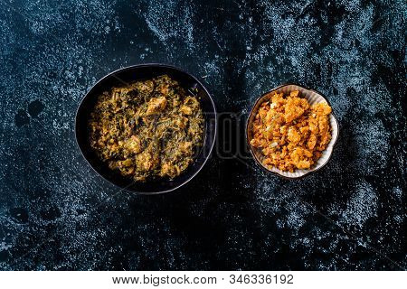 Indian Dish Spinach Lamb Palak With Gajar Ka Halwa / Helva Is A Carrot-based Sweet Dessert Pudding F