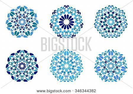 Isolated Ornate Floral Heptagon Symbol Template Set - Abstract Colorful Ornamental Vector Graphic El