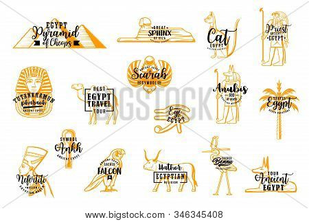 Egyptian Vector Travel Icons. Pyramid Of Cheops, Sphinx Giza, Egyptian Cat, Priest. Tutankhamun And 