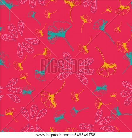 Vector Seamless Pattern Ginko Wax With Yellow And Turquoise Ginkgo Leaves And Pink Arabesques