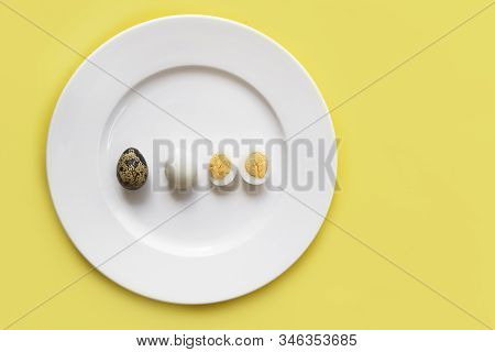 Group, Set Of Peeled And Unpeeled Small Organic Quail Eggs, Whole Cut In Halves, Halved Boiled Versu