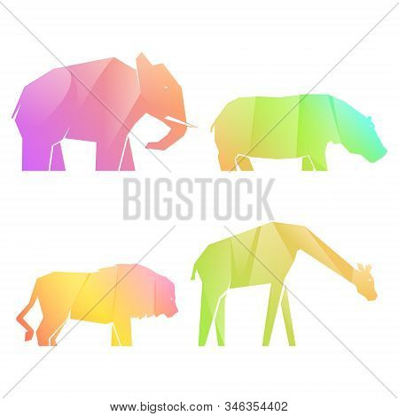 Set Of Multi-colored Gradient African Animals In Different Poses, Lion And Hippo, Elephant And Giraf