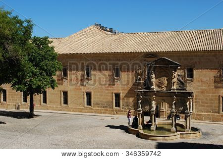 Baeza, Spain - July 28, 2008 - View Of The Santa Maria Fountain With St Philip Neri Seminary Univers