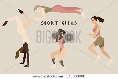 Four Strong Girls Of Different Nationalities Go In For Sports. Text Sport Girls. Beige, Cream, Brown