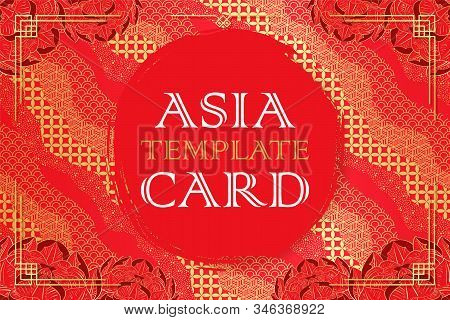Asian Template Card With Japanese Pattern And Peony.