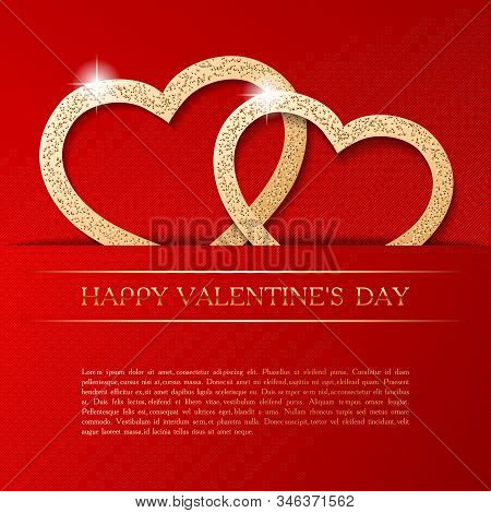 Couple Of Golden Hearts On Red Striped Background. Happy Velentines Day Golden Text. Cute Card, Bann