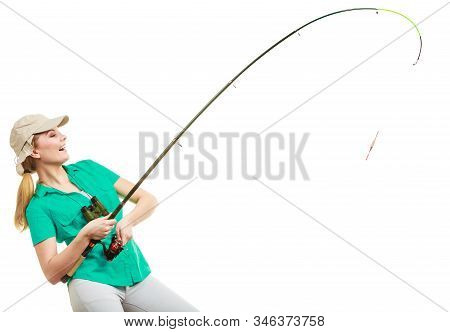 Fishery, Spinning Equipment, Angling Sport And Activity Concept. Happy Smiling Woman With Fishing Ro