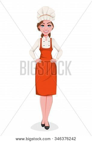 Beautiful Young Chef Woman. Pretty Cook Lady In Professional Apron And Hat. Stock Vector Illustratio