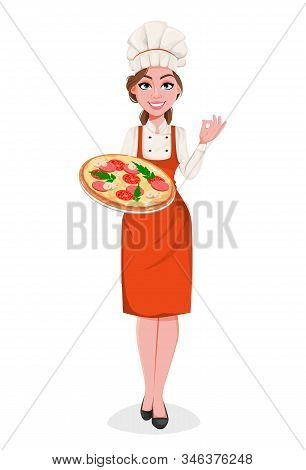 Beautiful Young Chef Woman Holding Tasty Pizza. Pretty Cook Lady In Professional Apron And Hat. Stoc