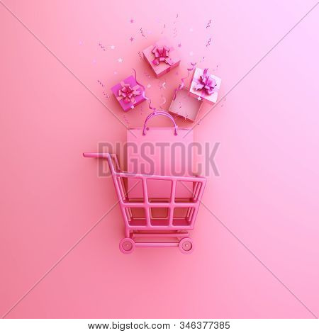 Happy Valentines Day, Valentines Day Background, Trolley Cart, Shopping Bag, Gift Box, Confetti On W