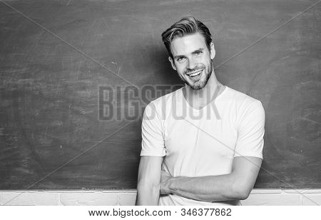Master Of Simplification. Man Teacher In Front Of Chalkboard. Advantages For Male Elementary Teacher